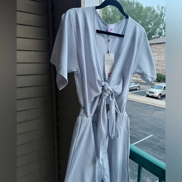 🆕BuddyLove Ilene Striped Cropped Jumpsuit XS Blue White Summer Boho Resort Wear - Picture 5 of 16